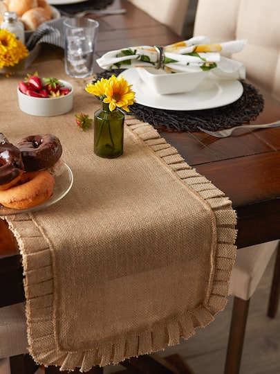 DII® Natural Ruffle Trim Jute Table Runner, 14x108 inch
